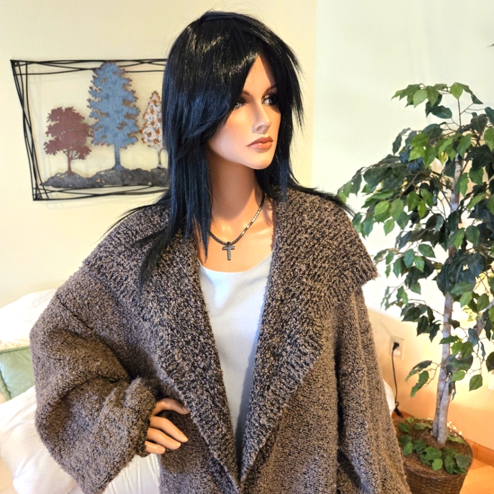 Focal Point Brown & Black Boucle Knit Sweater Coat, Shawl Collar, Size 1X